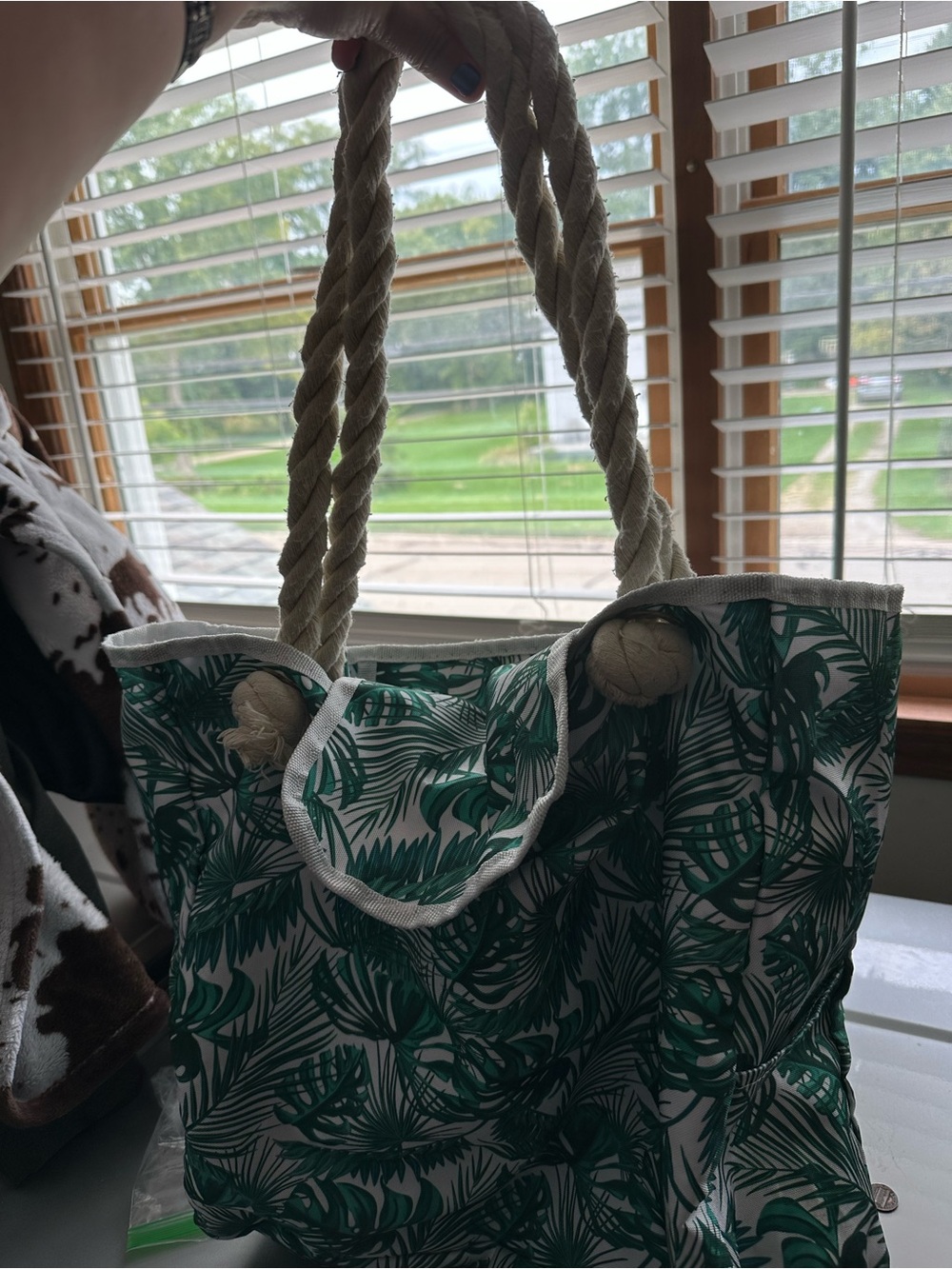 Tropical Leaf Canvas Tote Bag with Rope Handles - Green